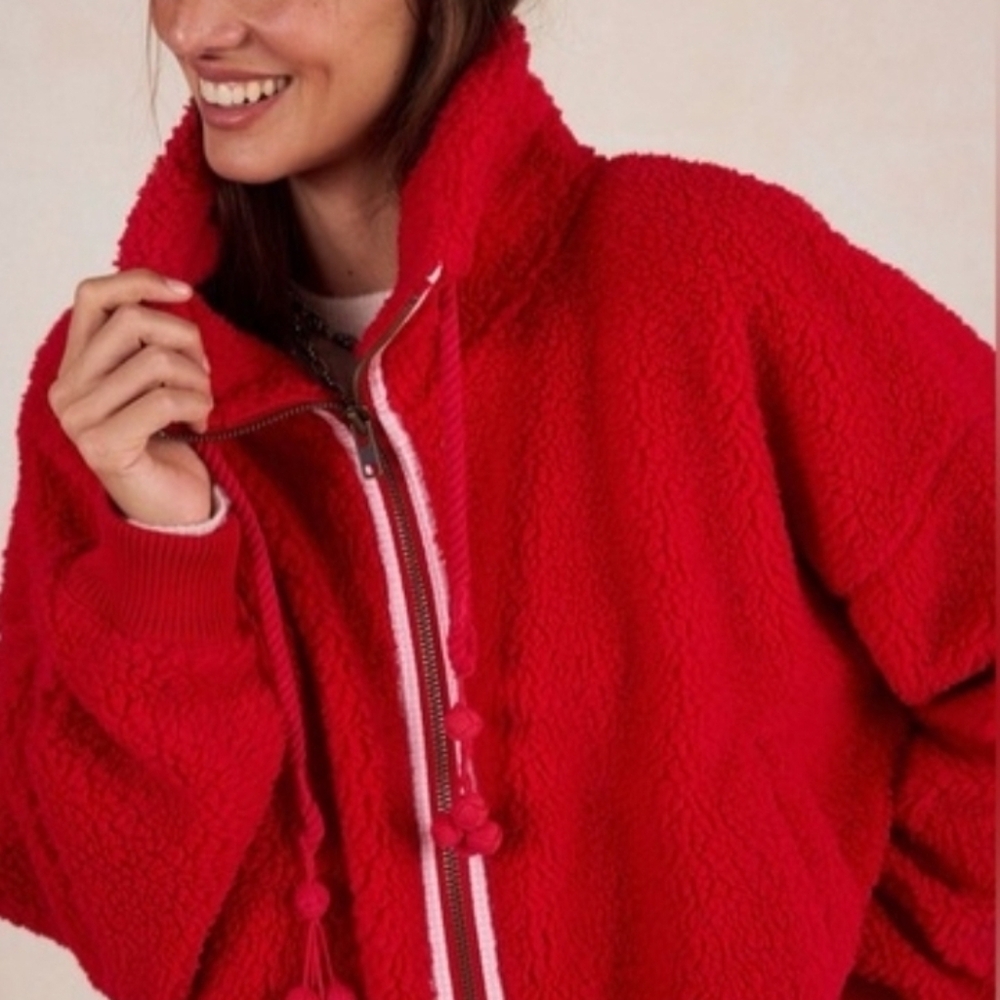 Free People Women's Red Alpine Sherpa  Fleece Jacket Sz. Small